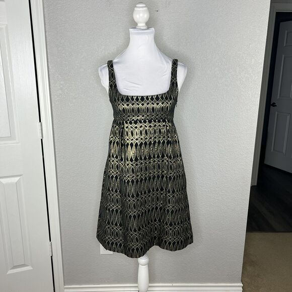 Milly Sleeveless Babydoll Dress Empire Waist Mod Metallic Black Gold Size 4 - Picture 2 of 7